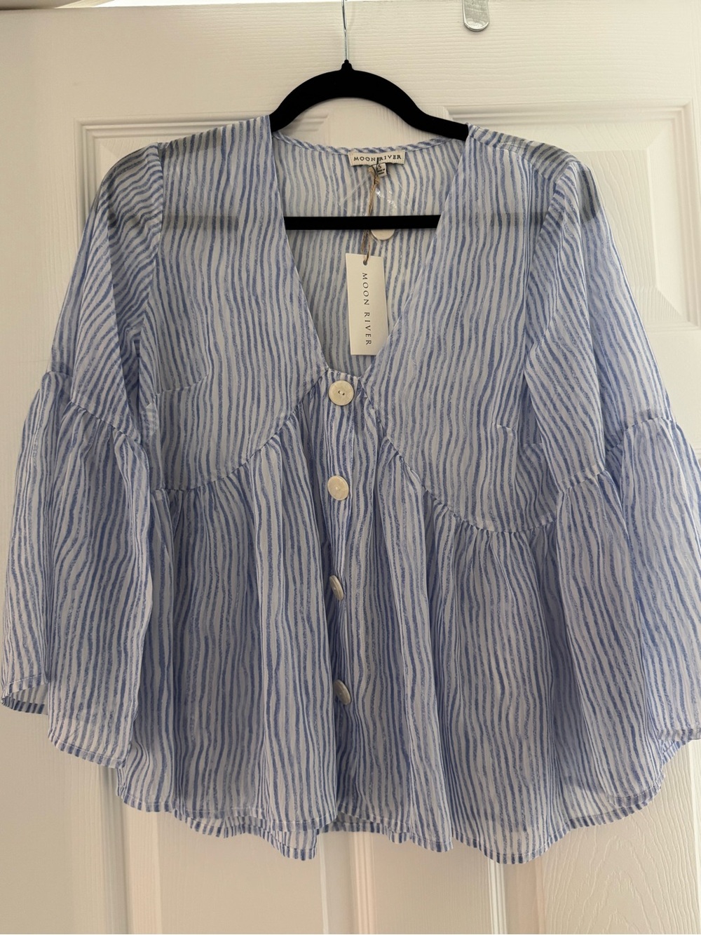 Moon River Light Blue and White Striped Button-Front Peasant Blouse Size S